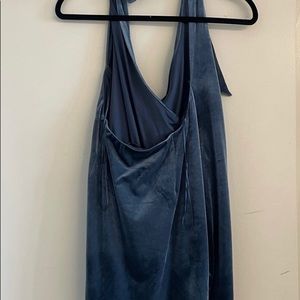 A world away velvet shimmer blue faux wrap dress